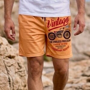 Men’s Athletic Lightweight Vintage Motorcycle Graphic Gold Shorts M
